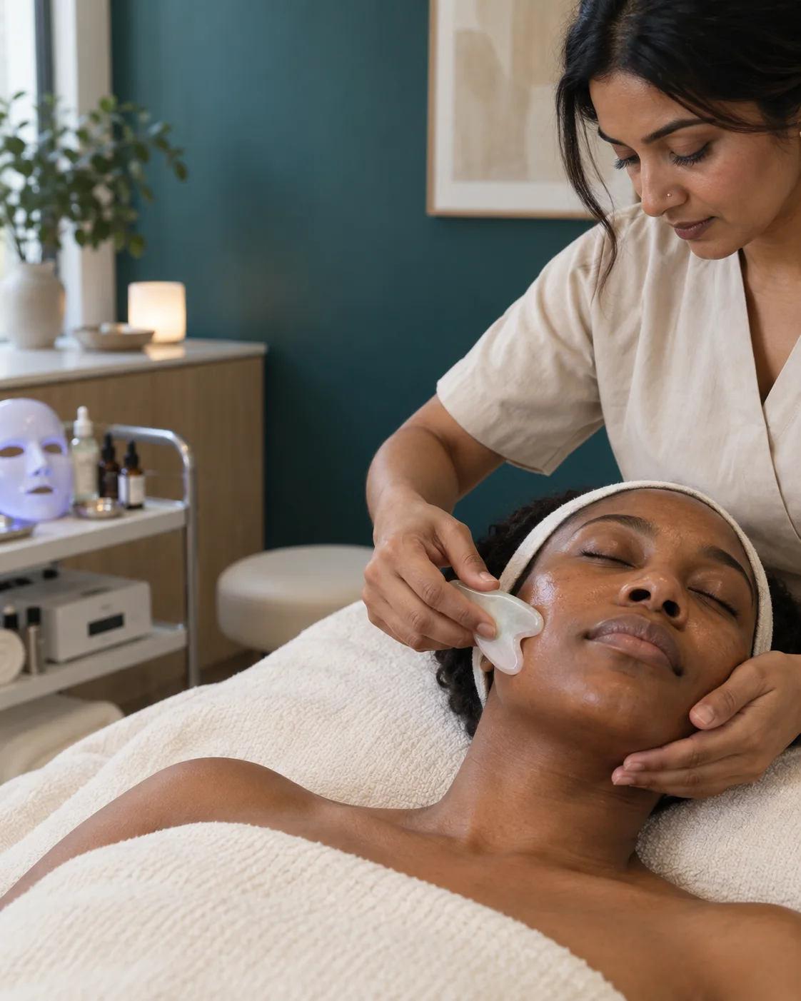 A client receiving gentle facial gua sha from Dr. Rupali Jain