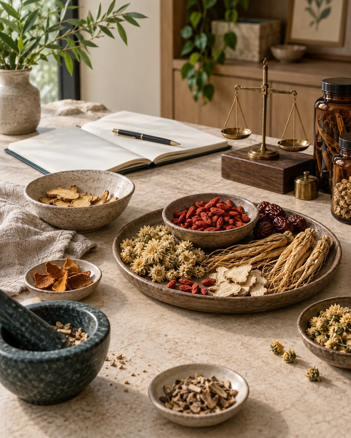 Chinese herbal medicine ingredients arranged for a consultation